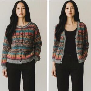 Colorful Patterned Cardigan Sweater full front button Vtg Monte Carlo Wool blend